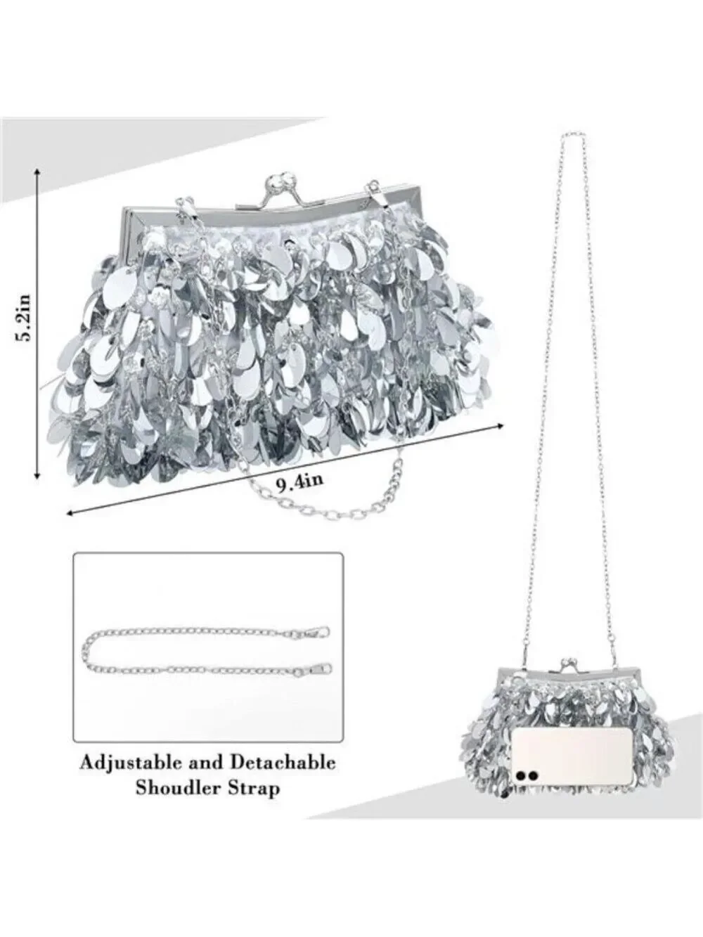 Sparkly  Silver Evening Clutch Purse for Women Elegant Sequined Party  Handbag
